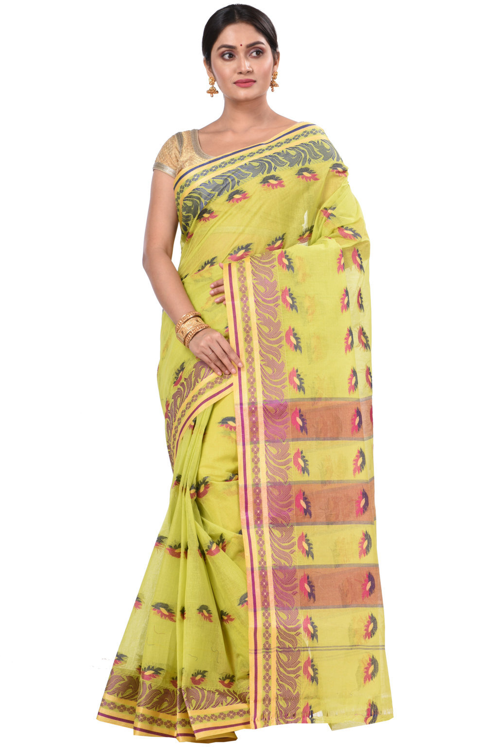 Green Pure Cotton PataButi Tant Saree (524)